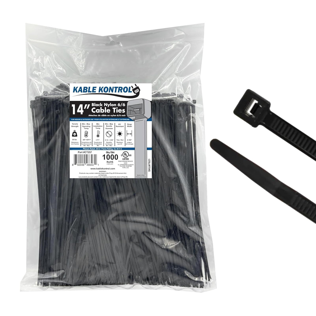 KABLE KONTROL front packaging showing 1000-pack and 14-inch size benefit: bulk supply