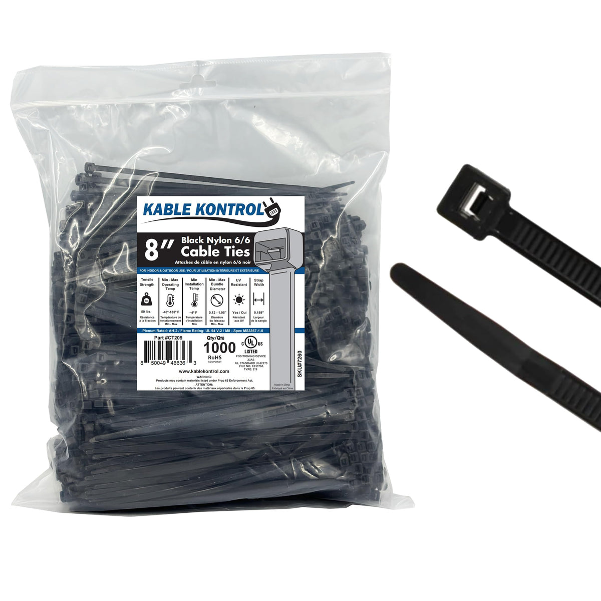 KABLE KONTROL front pack showing 1000 ties and clear labeling for organization