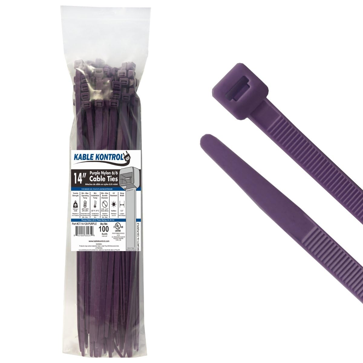 Kable Kontrol front packaging showing 14-inch purple zip ties and pack quantity for quick identification and selection