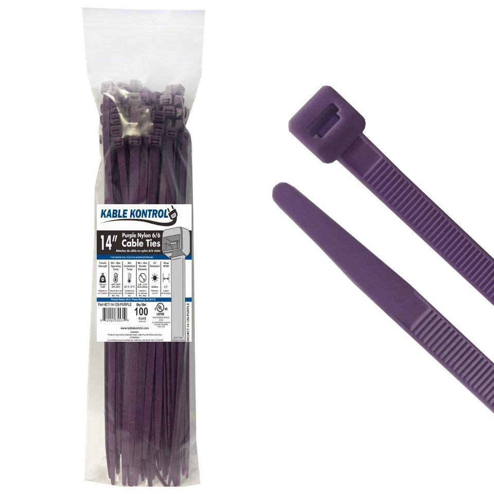 Kable Kontrol front packaging showing 14-inch purple zip ties and pack quantity for quick identification and selection