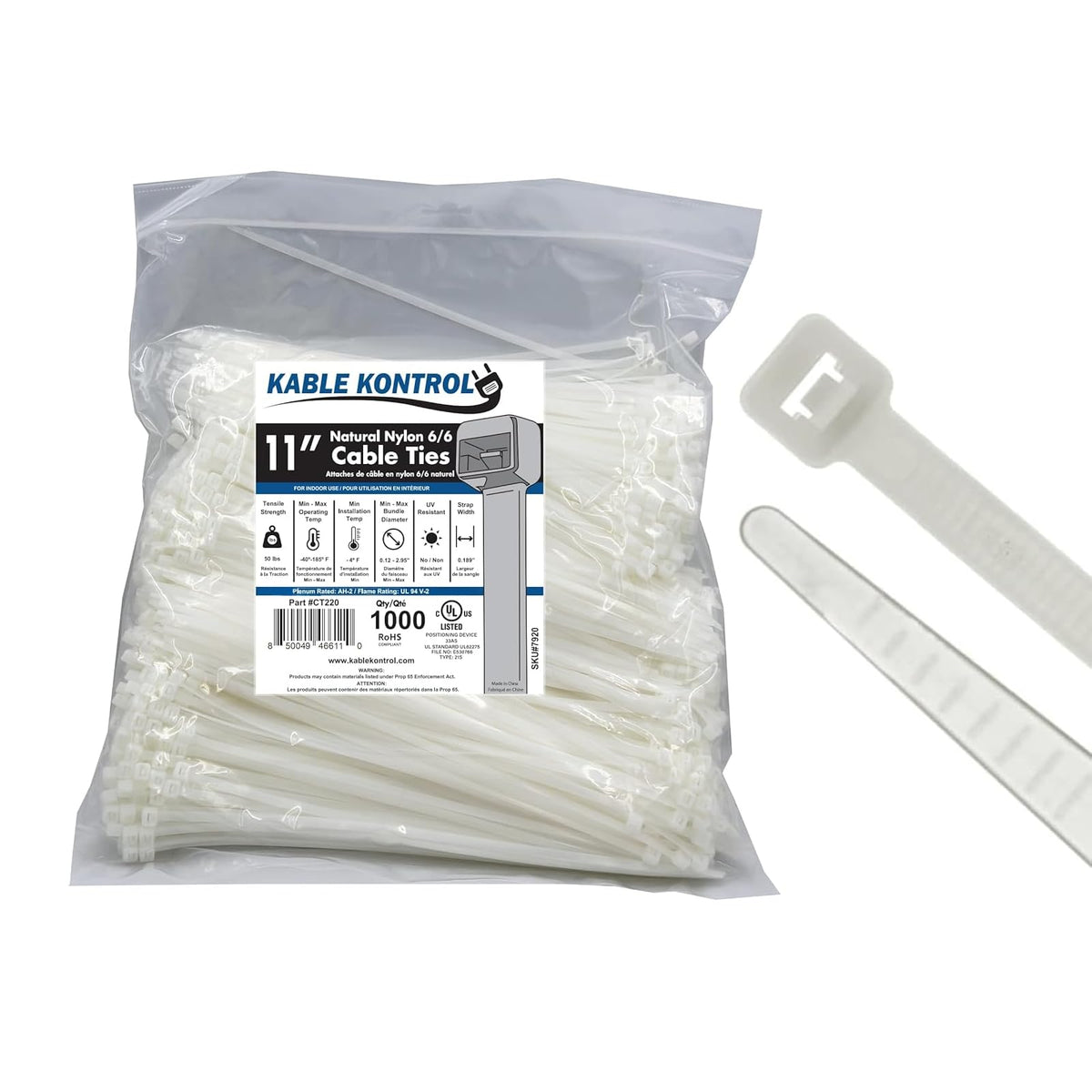 KABLE KONTROL front packaging showing 1000-piece clear ties and label benefits