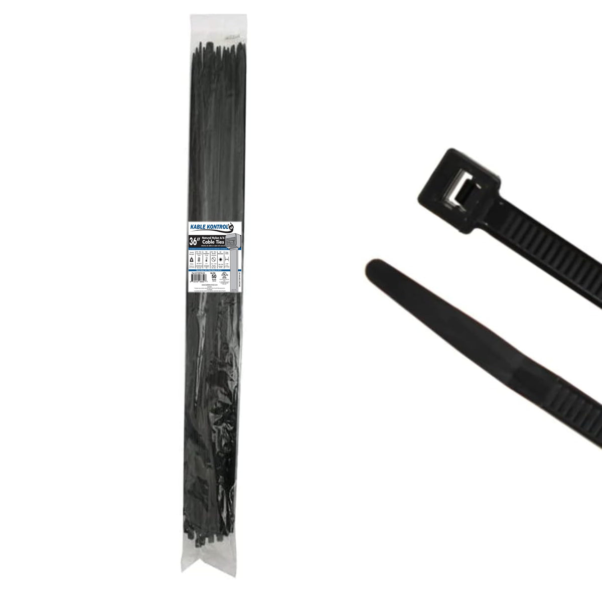 Kable Kontrol front packaging showing 50 pack and 36 inch length benefit
