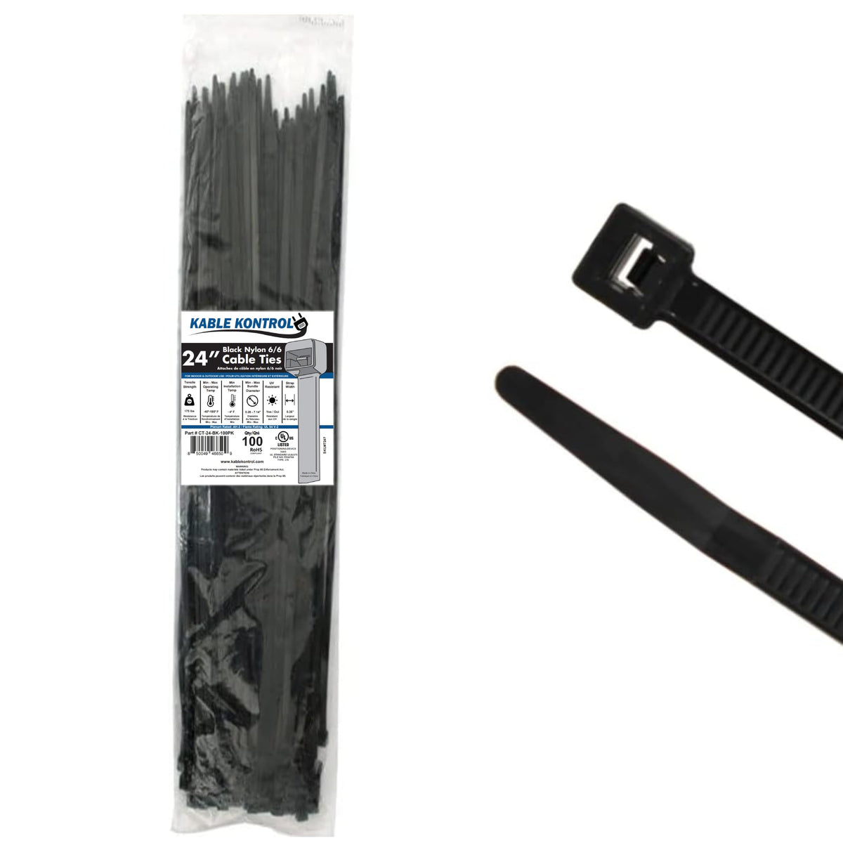 KABLE KONTROL front packaging showing 100-pack and 24-inch length for bulk convenience