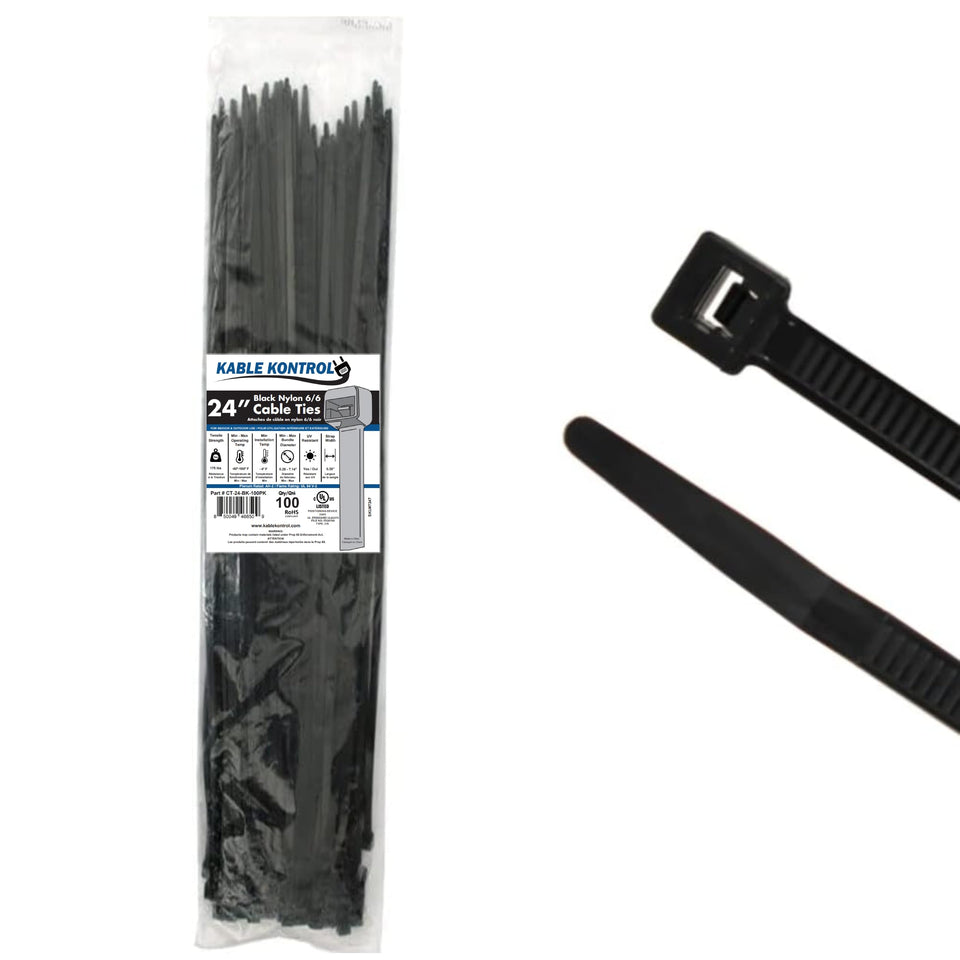 KABLE KONTROL front packaging showing 100-pack and 24-inch length for bulk convenience
