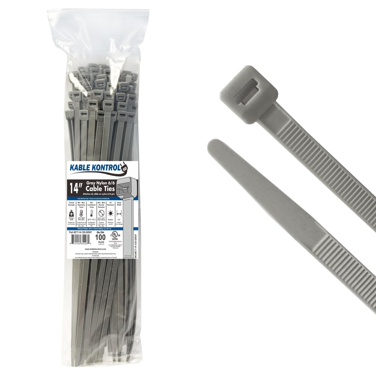 Kable Kontrol pack front view showing 100 gray 14-inch ties, organized and ready