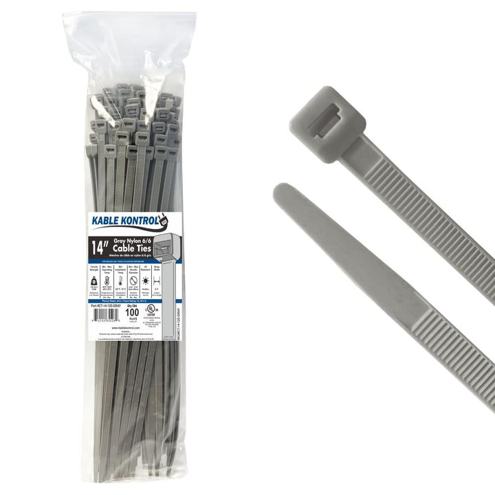 Kable Kontrol pack front view showing 100 gray 14-inch ties, organized and ready