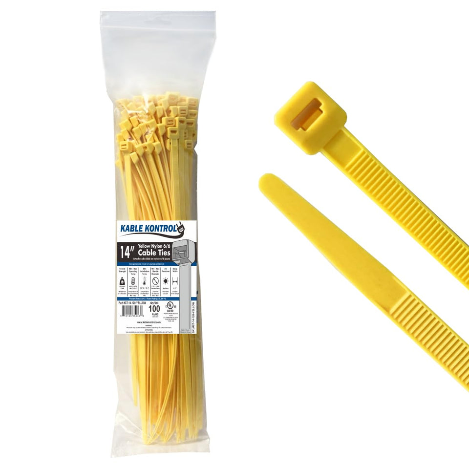 Kable Kontrol front packaging showing 100 yellow zip ties for quick inventory