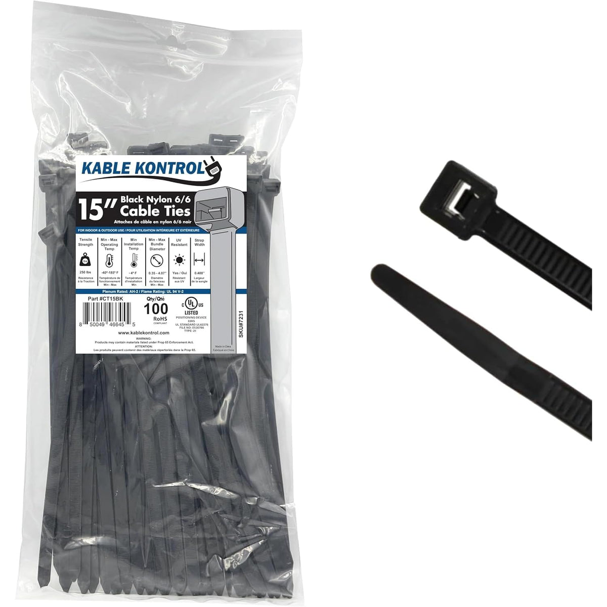 KABLE KONTROL front packaging showing 100 pack and 15 inch length for easy selection