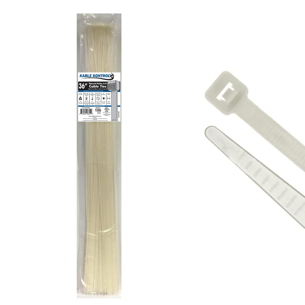 KABLE KONTROL front packaging showing 100 clear 36-inch ties, neat storage benefit