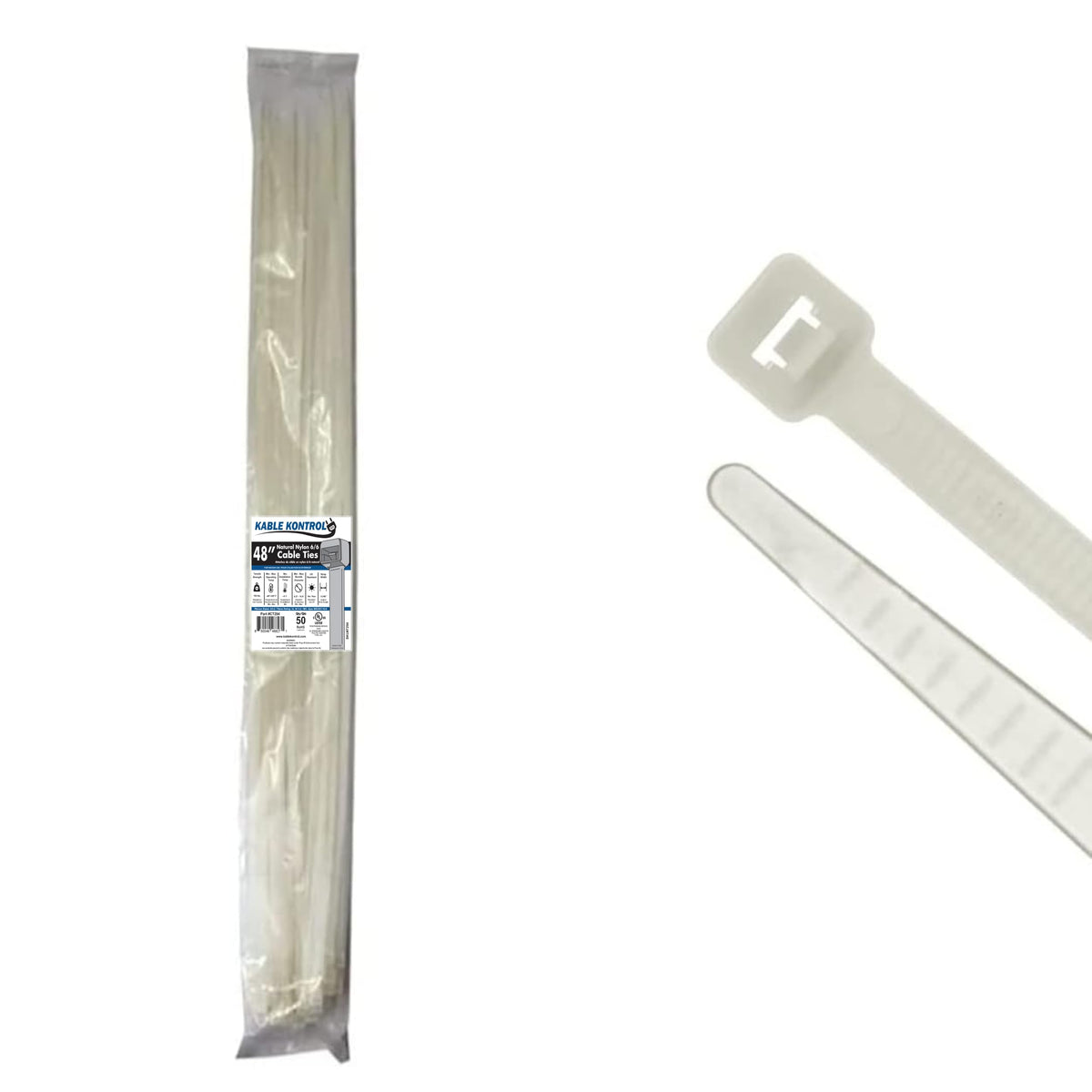 KABLE KONTROL front pack view showing 50 clear 48-inch ties, durable storage benefit