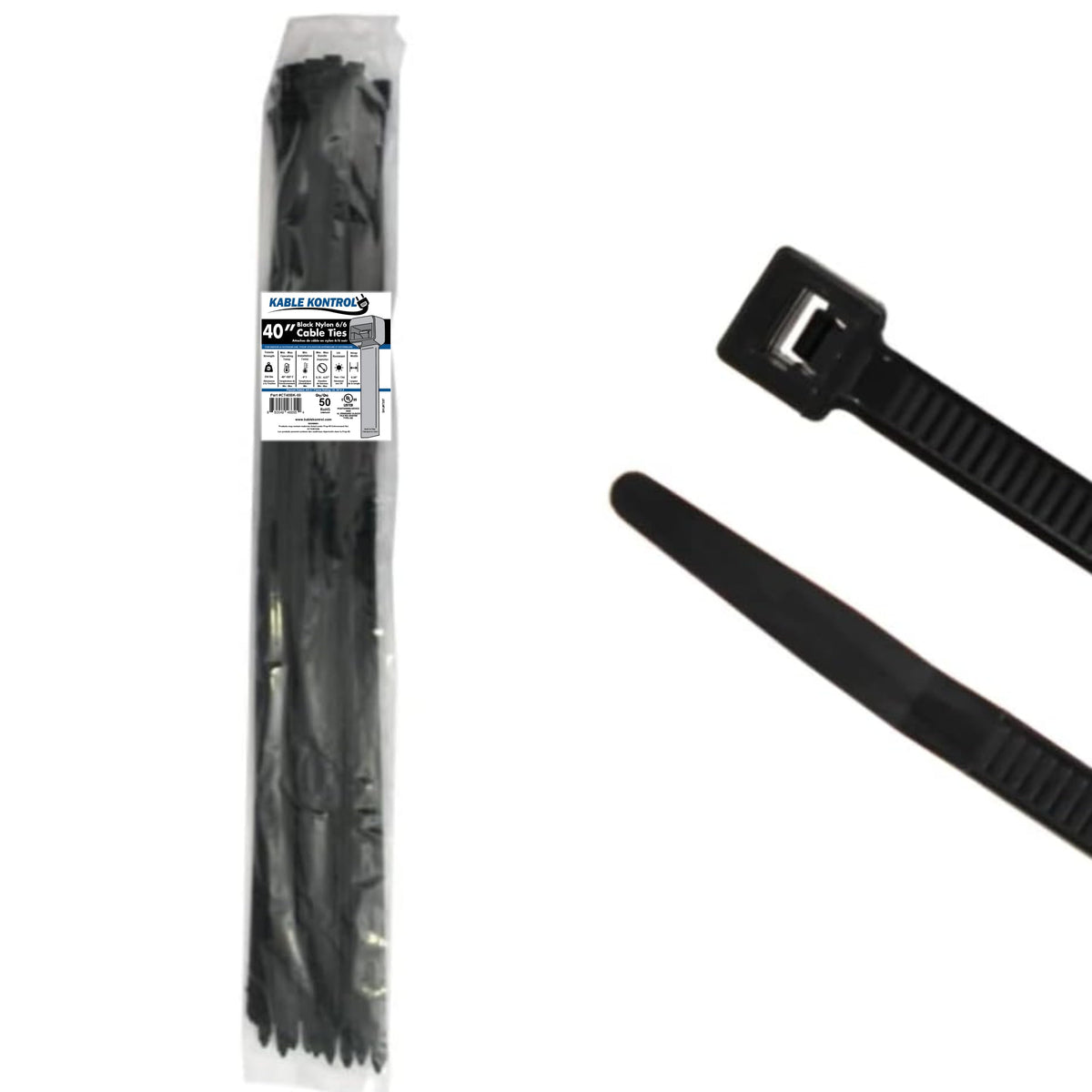 Kable Kontrol front packaging showing 50 ties and product benefits