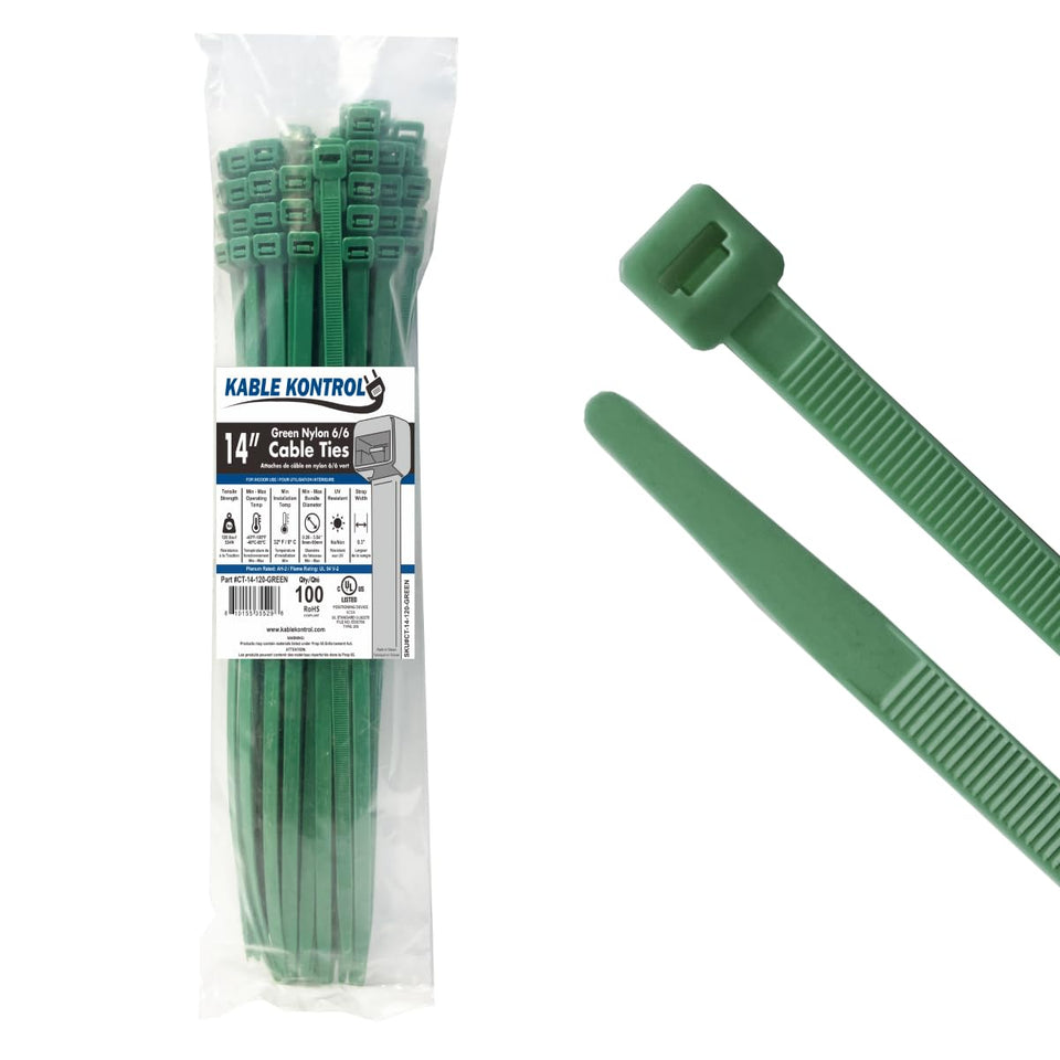 kable kontrol front packaging showing 100-pack and green ties, convenient storage