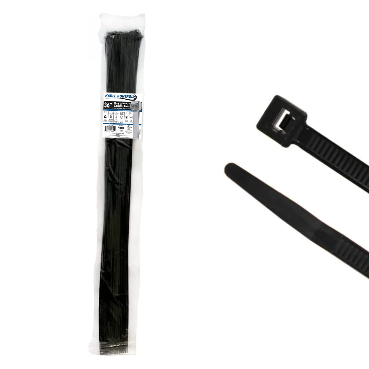 KABLE KONTROL front packaging showing 100-pack and 36 inch ties for bulk convenience
