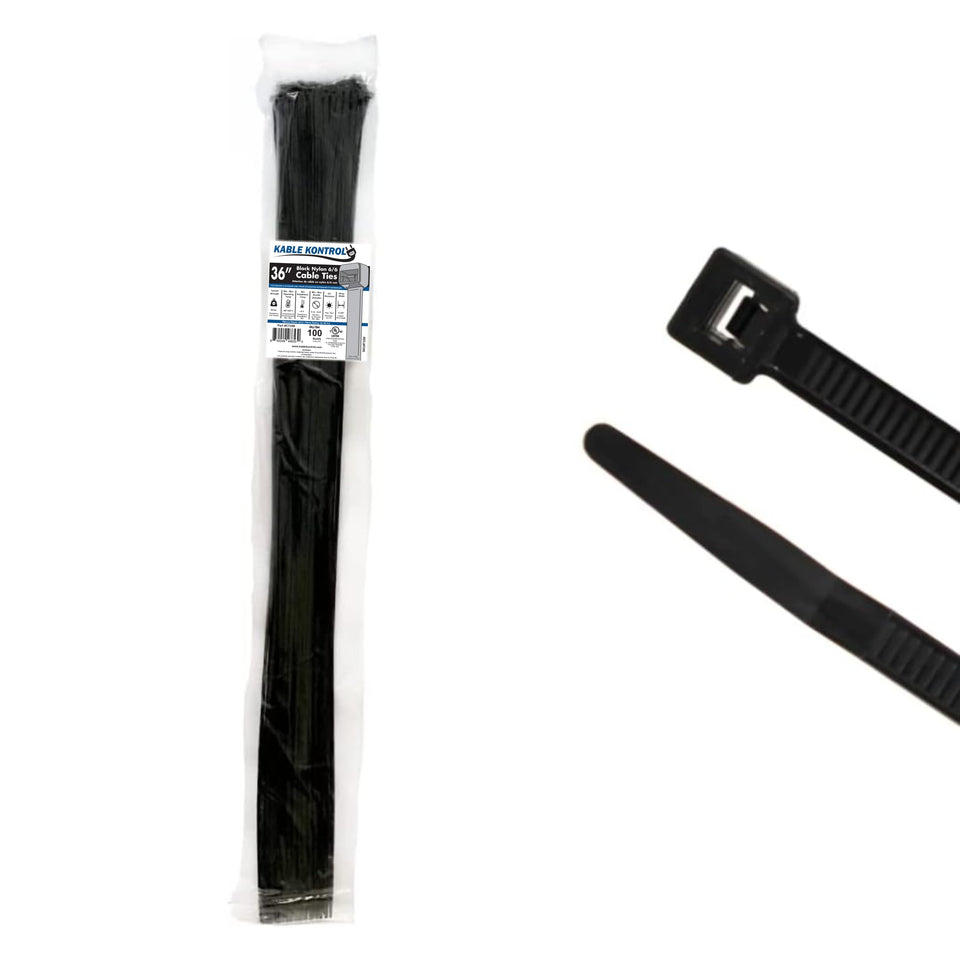 KABLE KONTROL front packaging showing 100-pack and 36 inch ties for bulk convenience