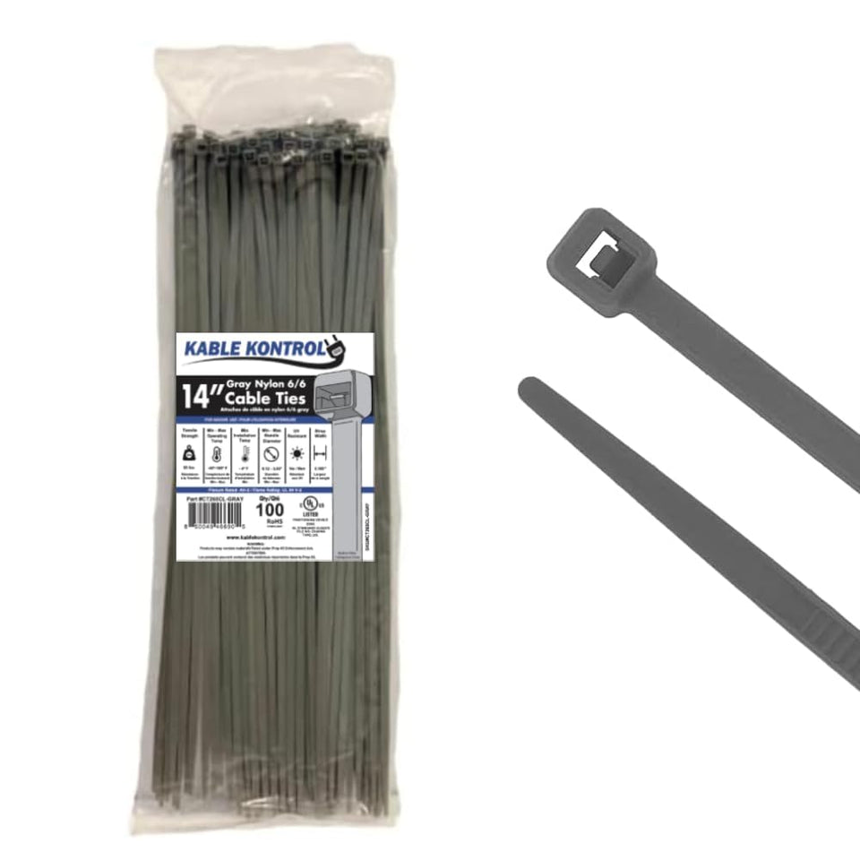 Kable Kontrol gray zip ties bundle securing cables for neat indoor organization.