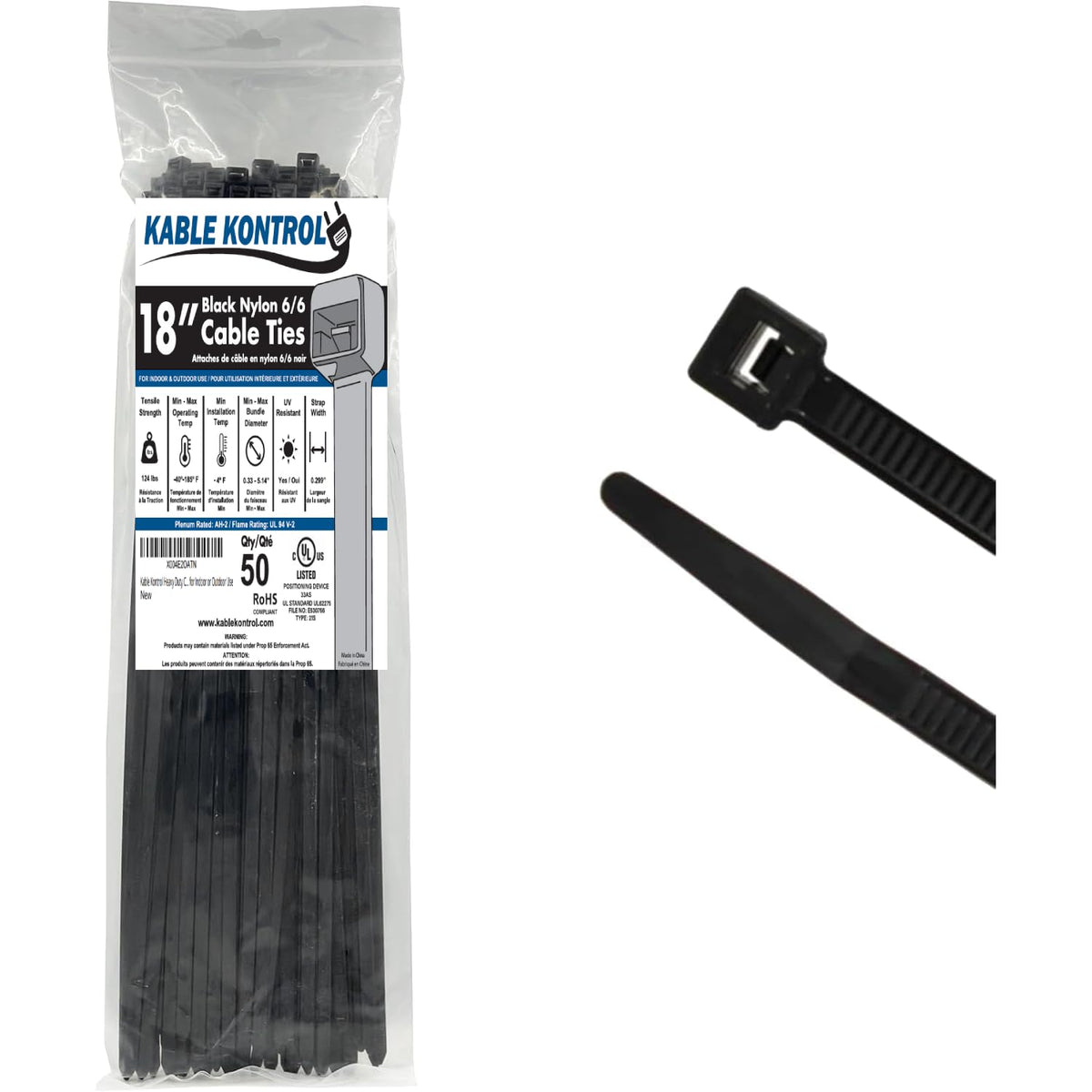 Kable Kontrol heavy-duty 18-inch cable ties front view for versatile organization