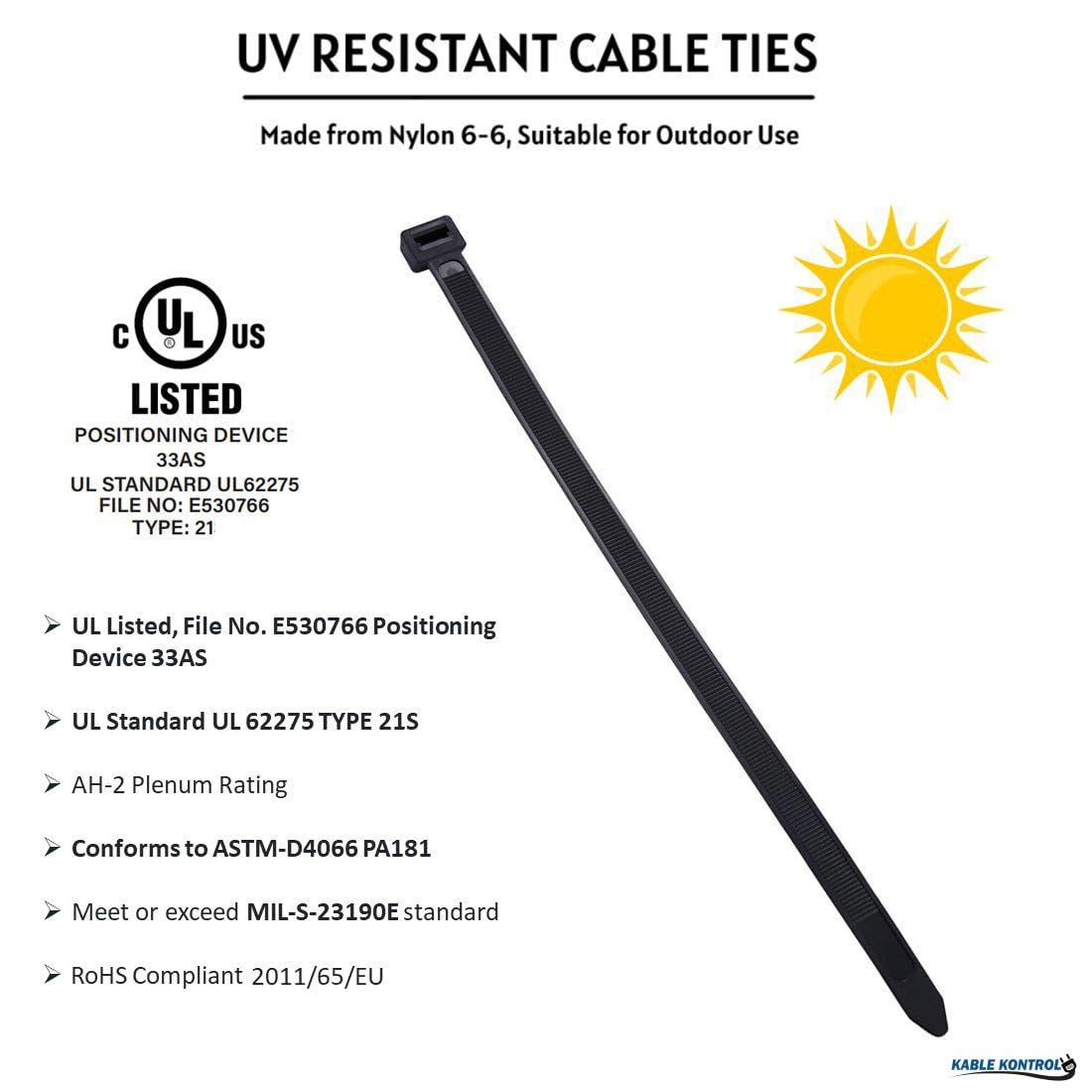 KABLE KONTROL zip tie next to ruler showing 15 inch scale for accurate sizing