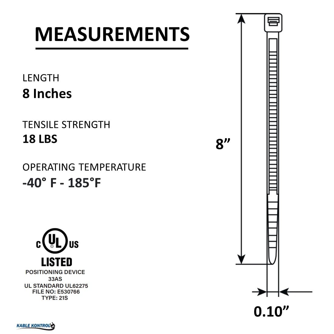 Kable Kontrol natural nylon zip tie showing 18-pound tensile strength
