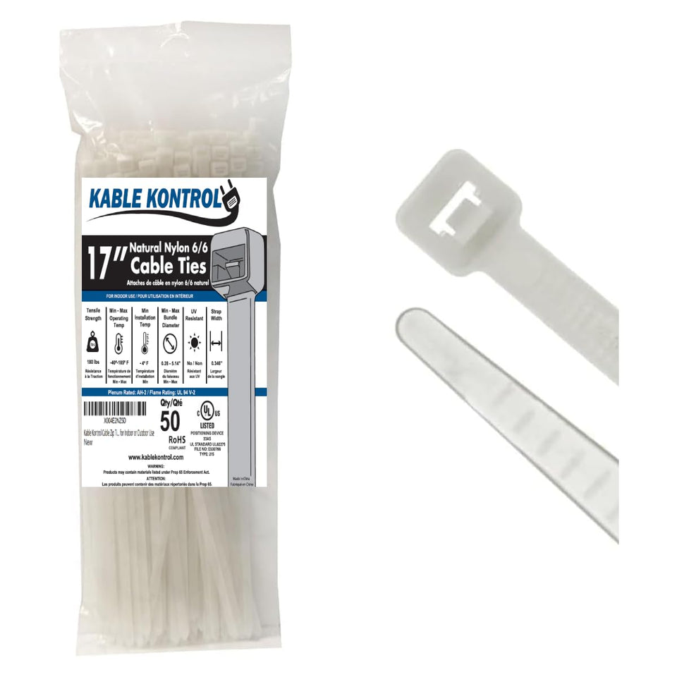 Kable Kontrol natural white zip ties 17 inch pack for versatile cable organization and indoor use.