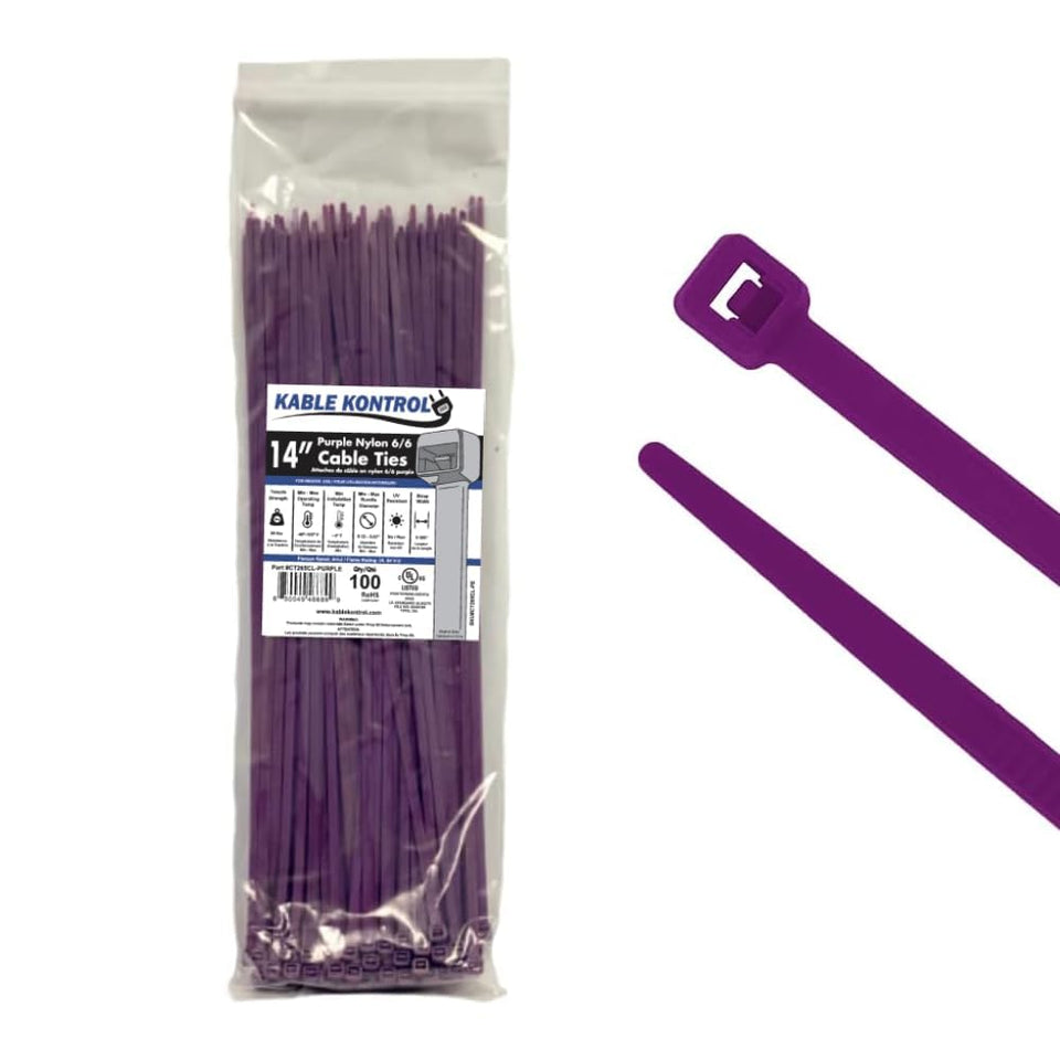 Kable Kontrol purple zip ties in 14-inch length for color-coded cable management indoors