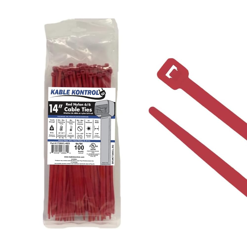 Kable Kontrol red zip ties 14-inch help organize cables with clear color coding