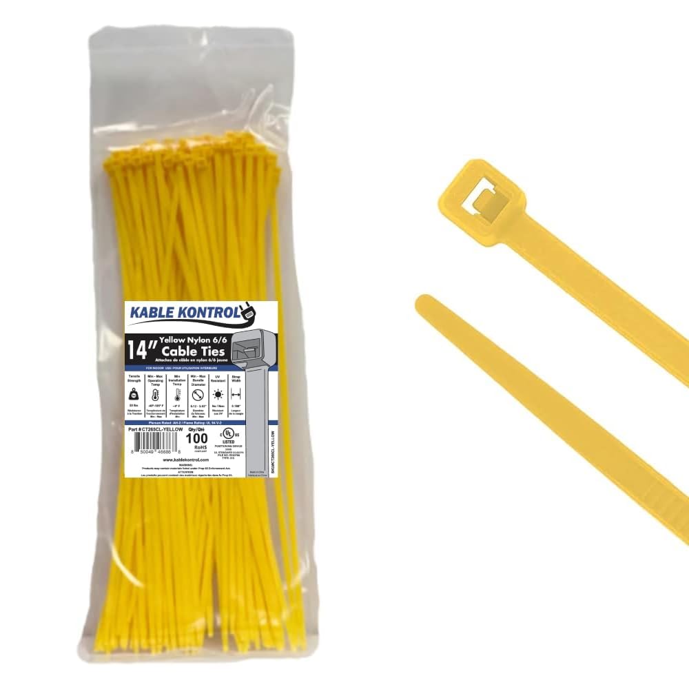 Kable Kontrol yellow zip tie 14 inch pack for fast cable organization.