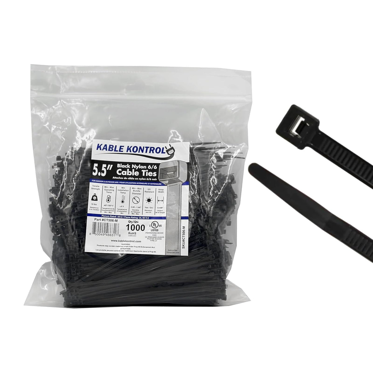 Kable Kontrol zip ties, 5.5 inch black, self-locking for tidy wiring.