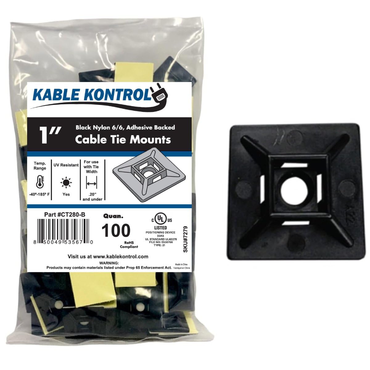 Kable Kontrol zip tie mounts 1-inch square back view for secure indoor mounting