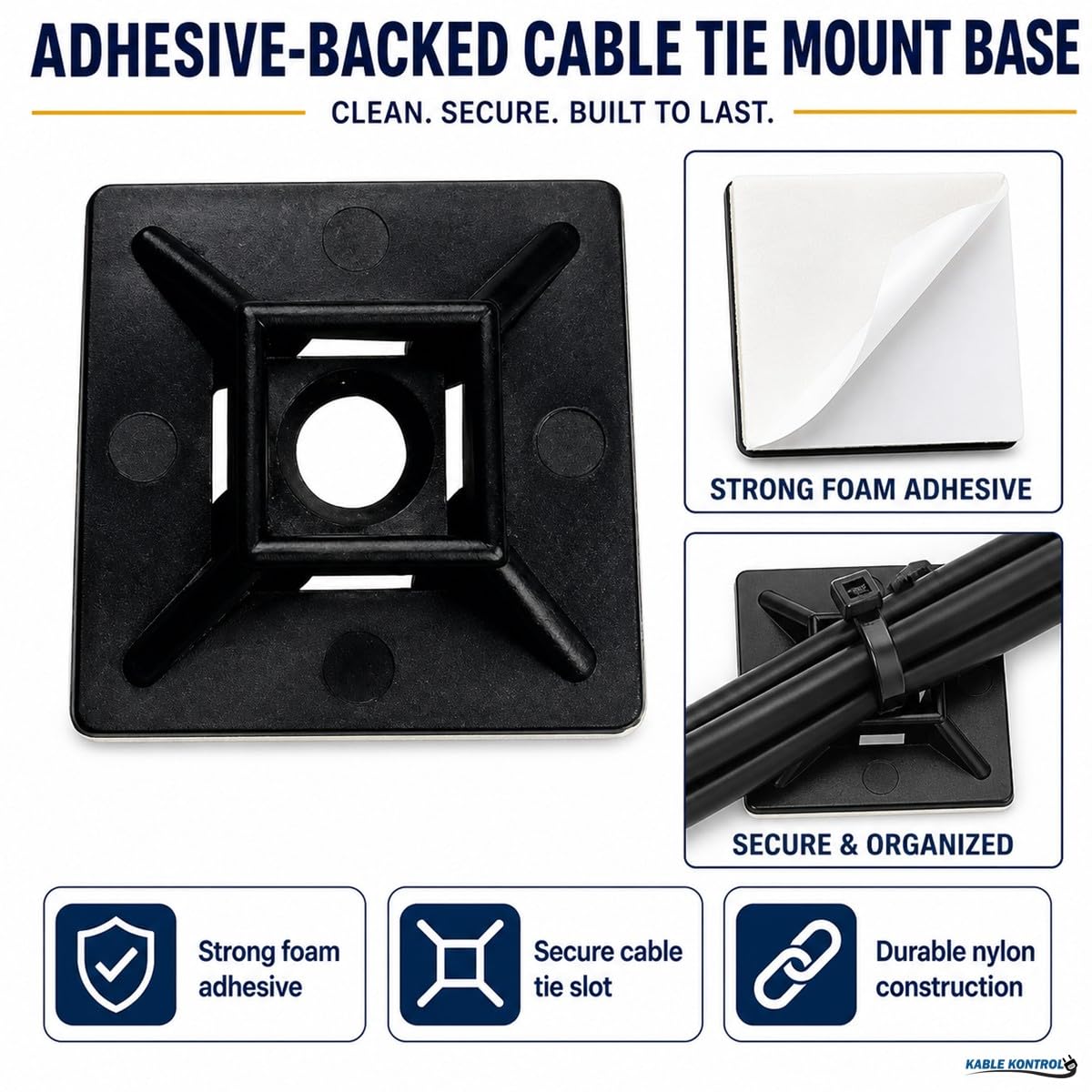 Kable Kontrol zip tie mounts adhesive back close-up showing strong bond