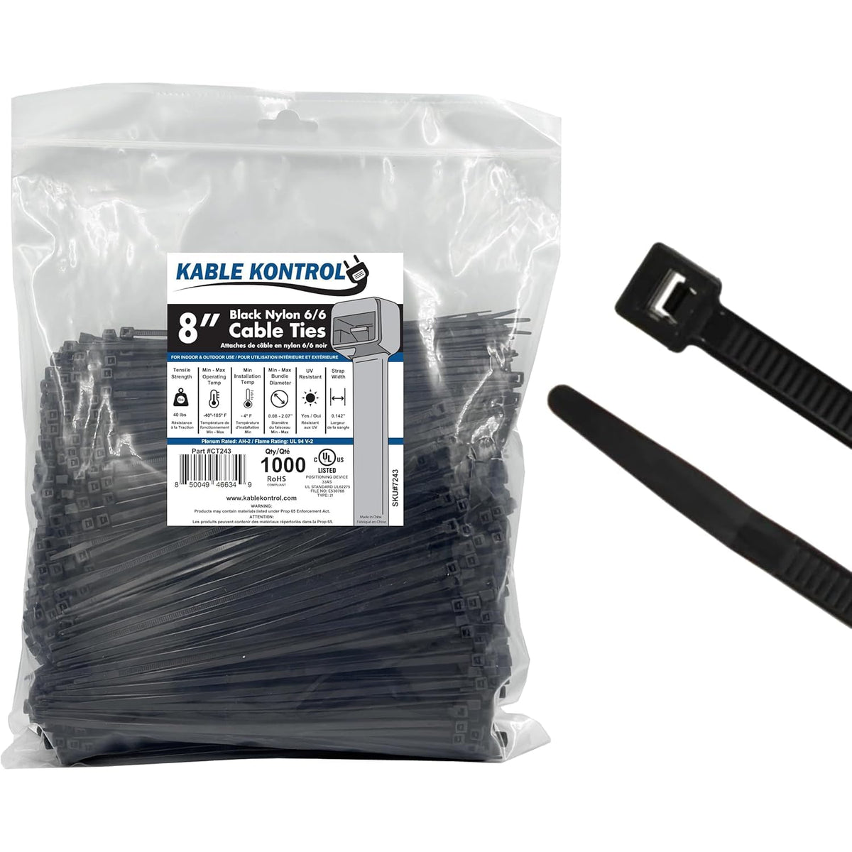 Kable Kontrol 8-inch zip ties for quick indoor cable organization.