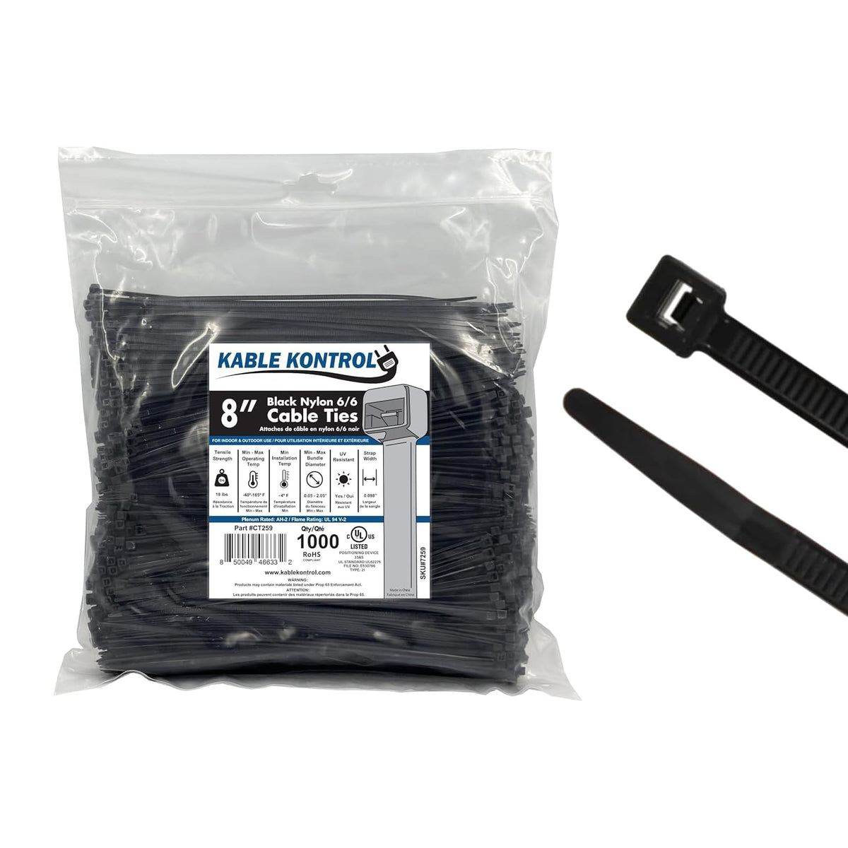 Kable Kontrol zip ties 8-inch black show sturdy self-locking design for cable management.