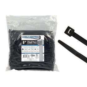 Kable Kontrol zip ties 8-inch black show sturdy self-locking design for cable management.
