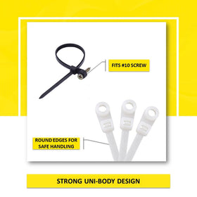 Kable Kontrol zip ties with mounting hole enabling secure screw-mounted setups.
