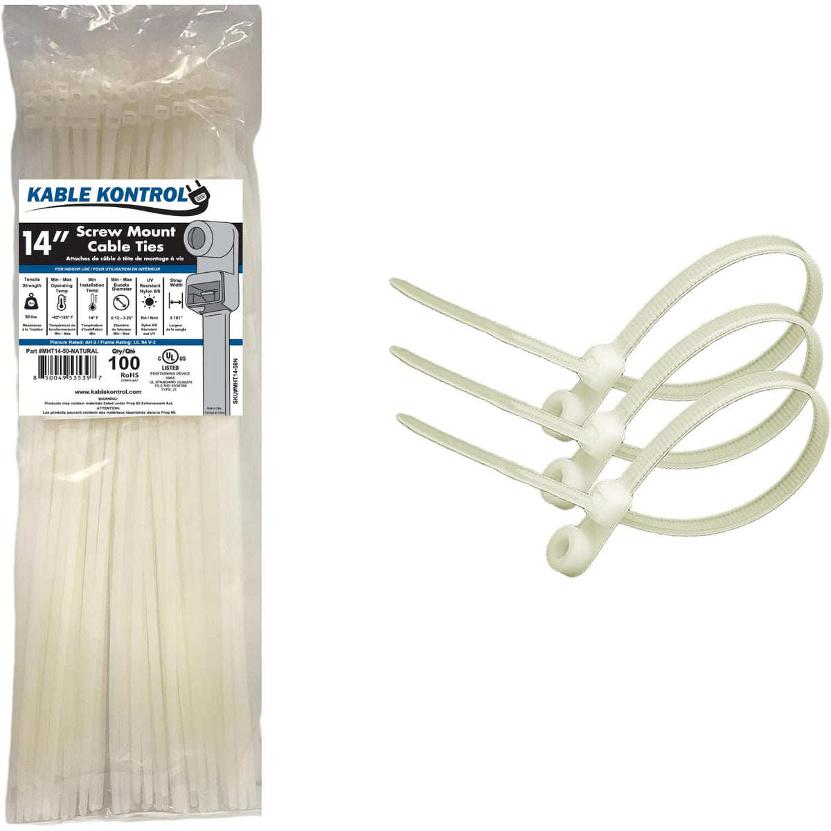 Kable Kontrol zip ties with screw hole for 14-inch mounting and reusable installation.