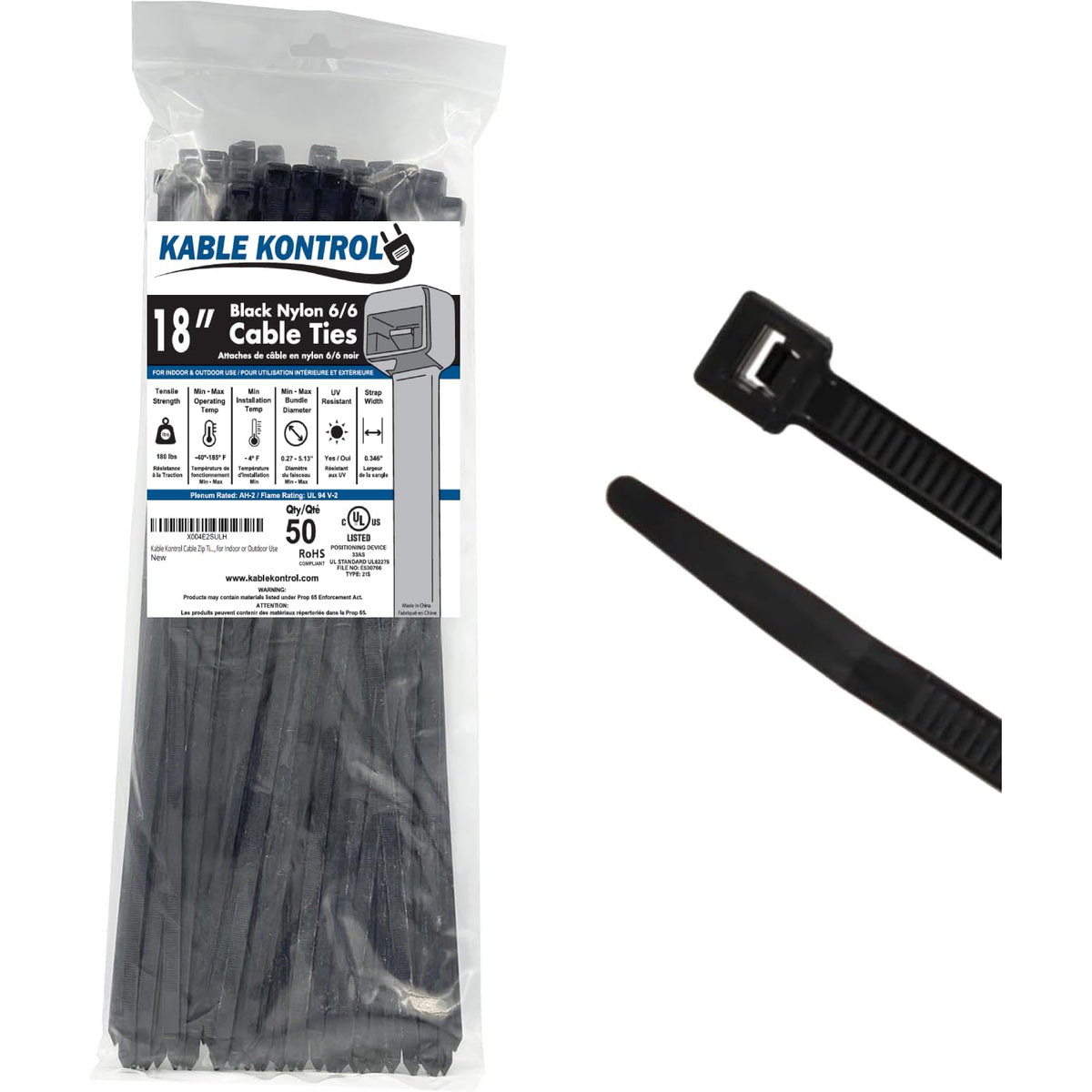 Kable Kontrol UV-resistant 18-inch zip tie securing outdoor cables
