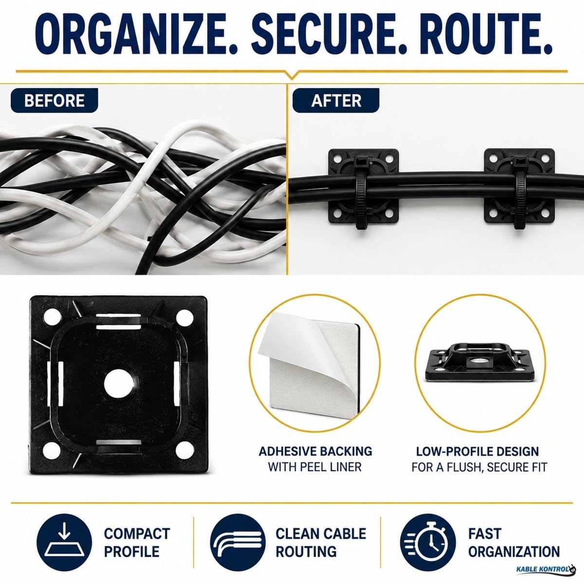 Kable Kontrol black mounts blend with cables for a clean look