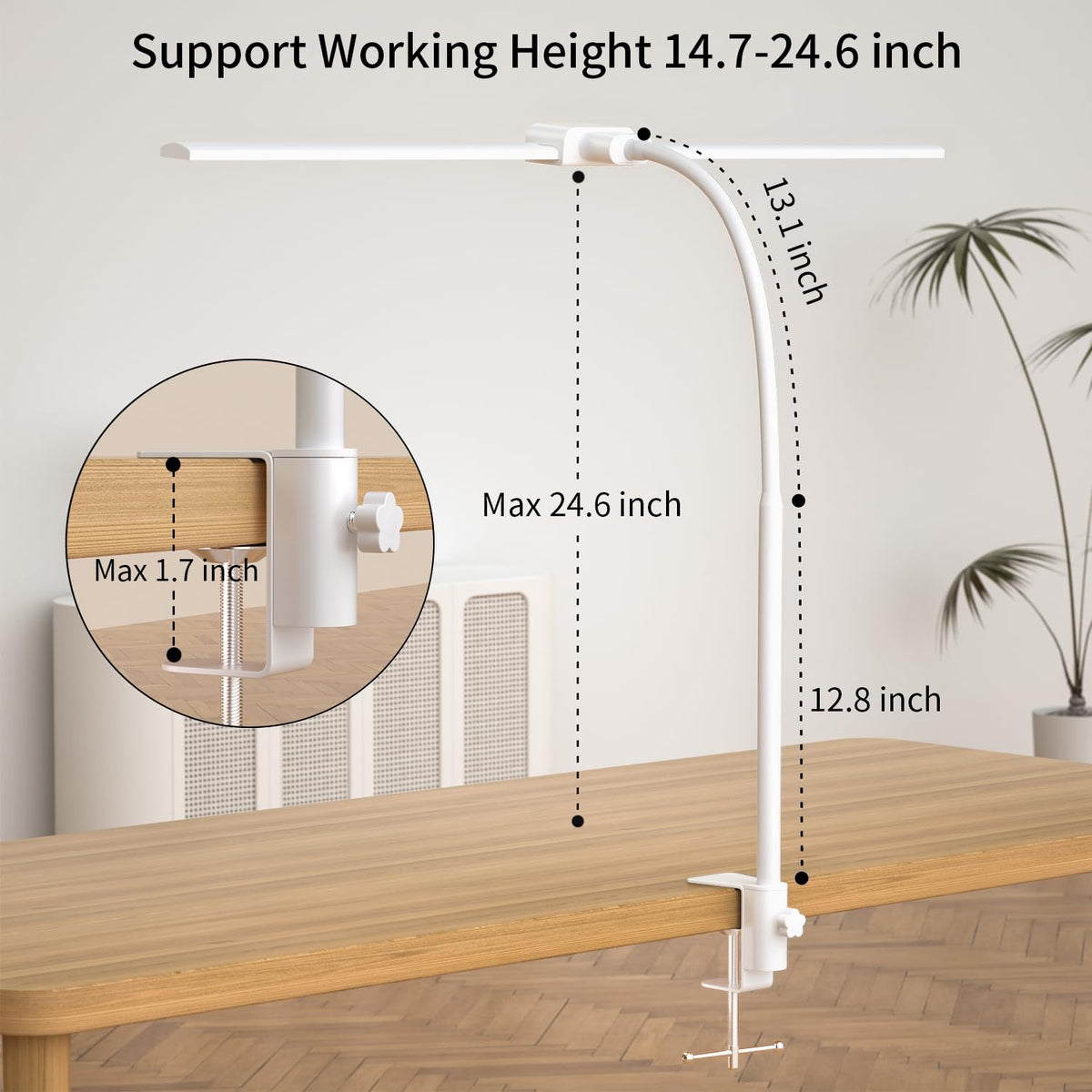 KableRika goose-neck adjusted height showing flexible reach over monitor