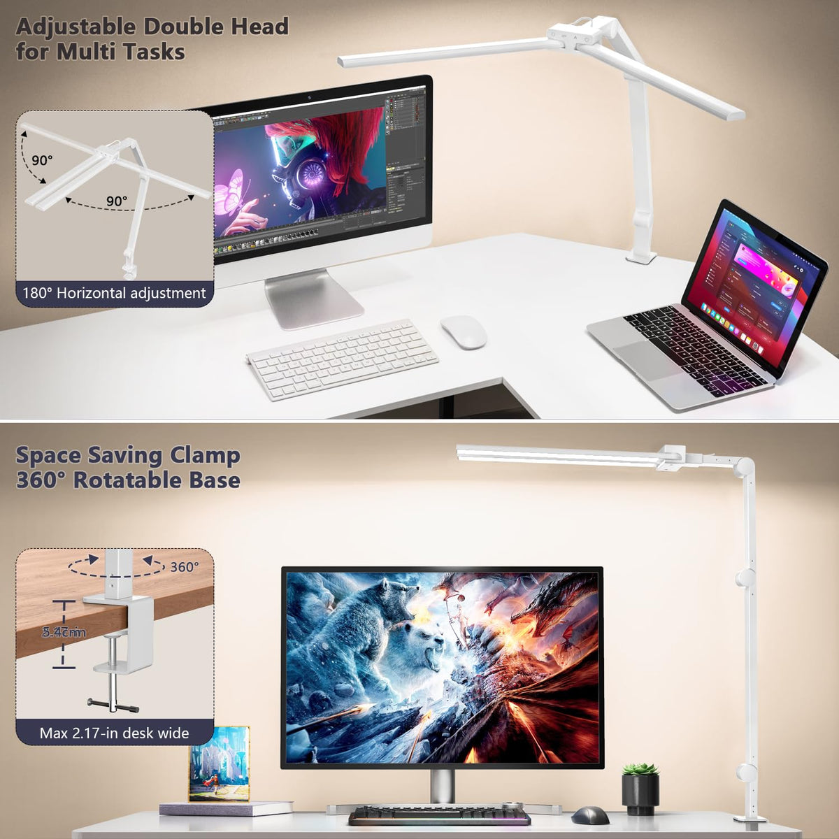 KableRika over L-shaped desk demonstrating wide-span illumination benefit