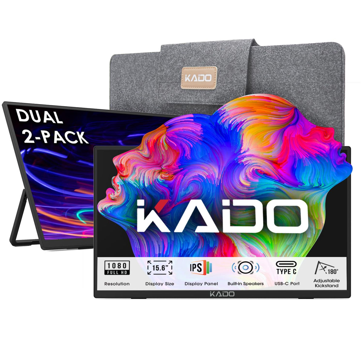 Kado dual-monitor left-right setup boosts multitasking on a compact desk.