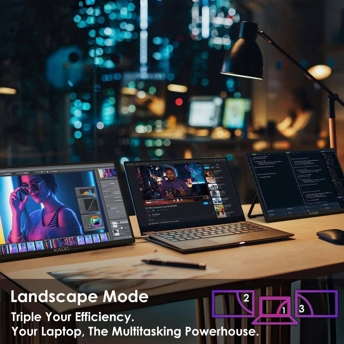 Kado dual monitors stacked vertically save desk space for multitasking.
