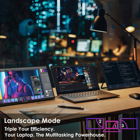 Kado dual monitors stacked vertically save desk space for multitasking.