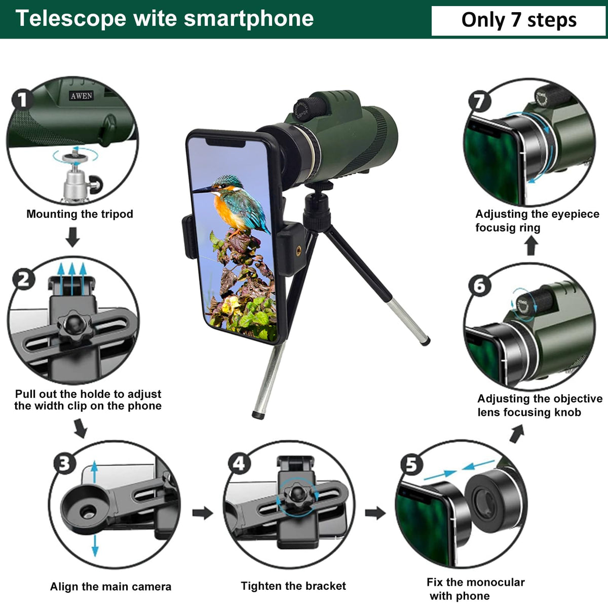 KAFENDA monocular with smartphone holder attached for easy digiscoping