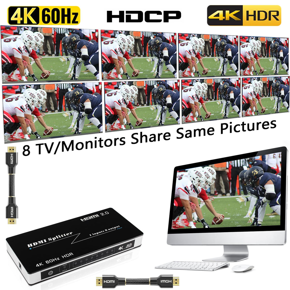 KAGO HDMI splitter back panel with eight output ports for reliable distribution