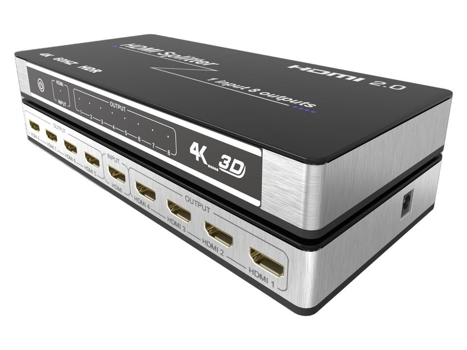 KAGO 4K HDMI splitter front view with 1 input and 8 outputs for mirror displays
