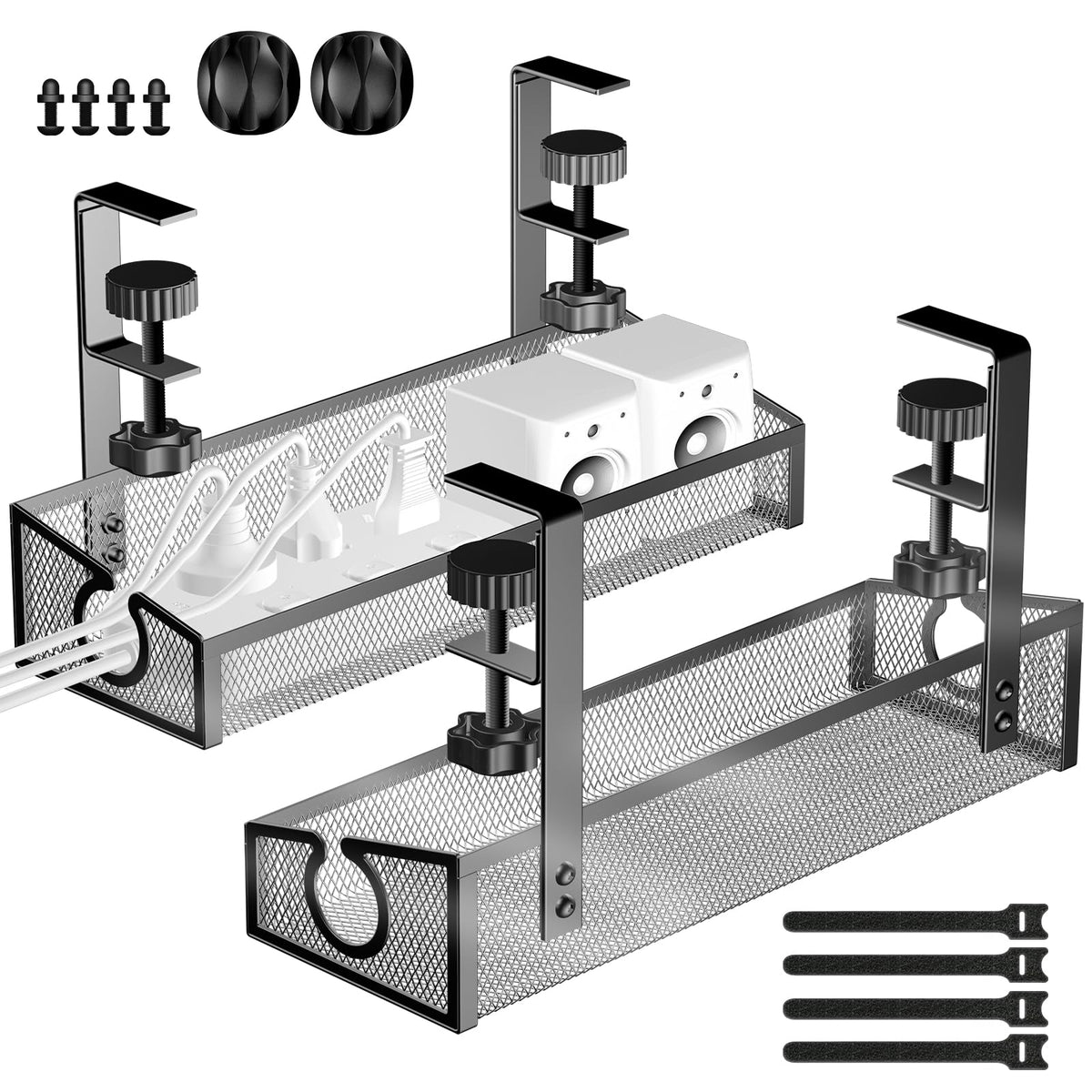 Kaiferty under-desk cable tray side view shows two-pack setup for tidy cables
