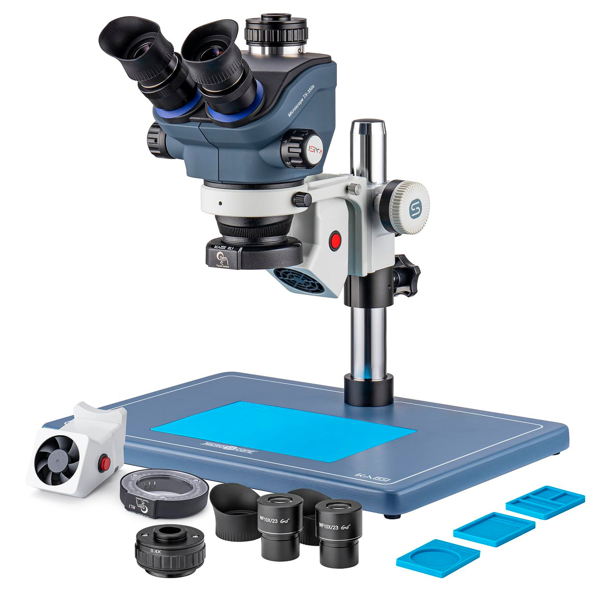 Kaisi professional stereo microscope front view for precise soldering and electronics repair.