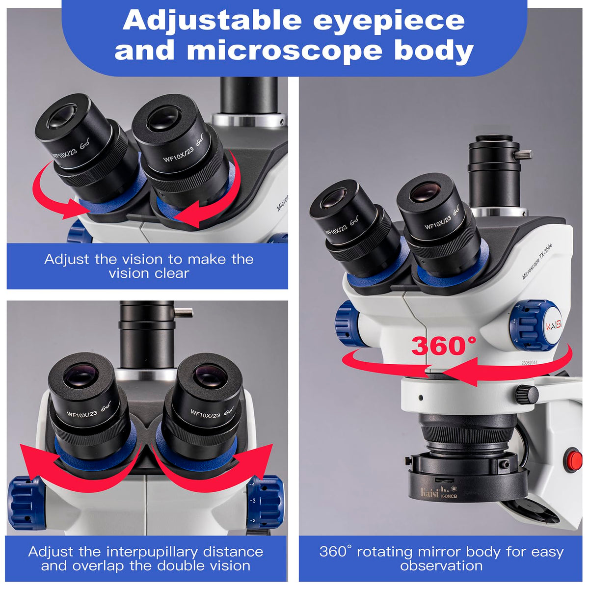 Kaisi TX-350E wide field WF10x23 eyepieces for comfortable viewing.