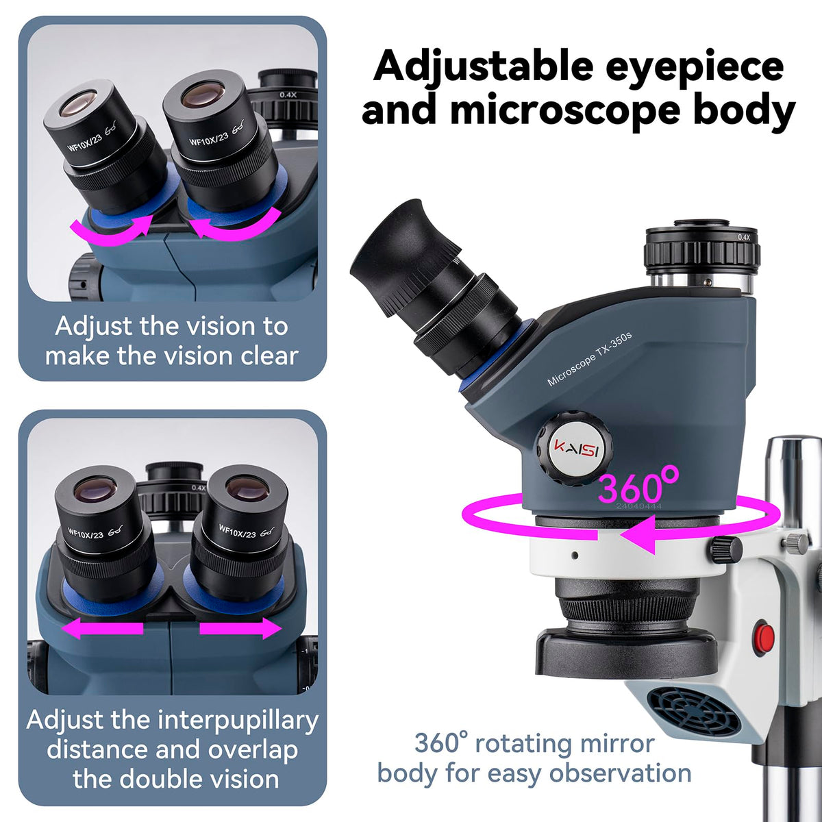 Kaisi WF10x23 eyepieces offer a wider field for easier targeting of tiny components.
