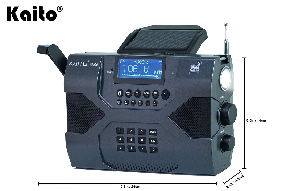 Kaito KA900 Voyager Max digital display and AM/FM/Shortwave tuner for broad radio coverage.