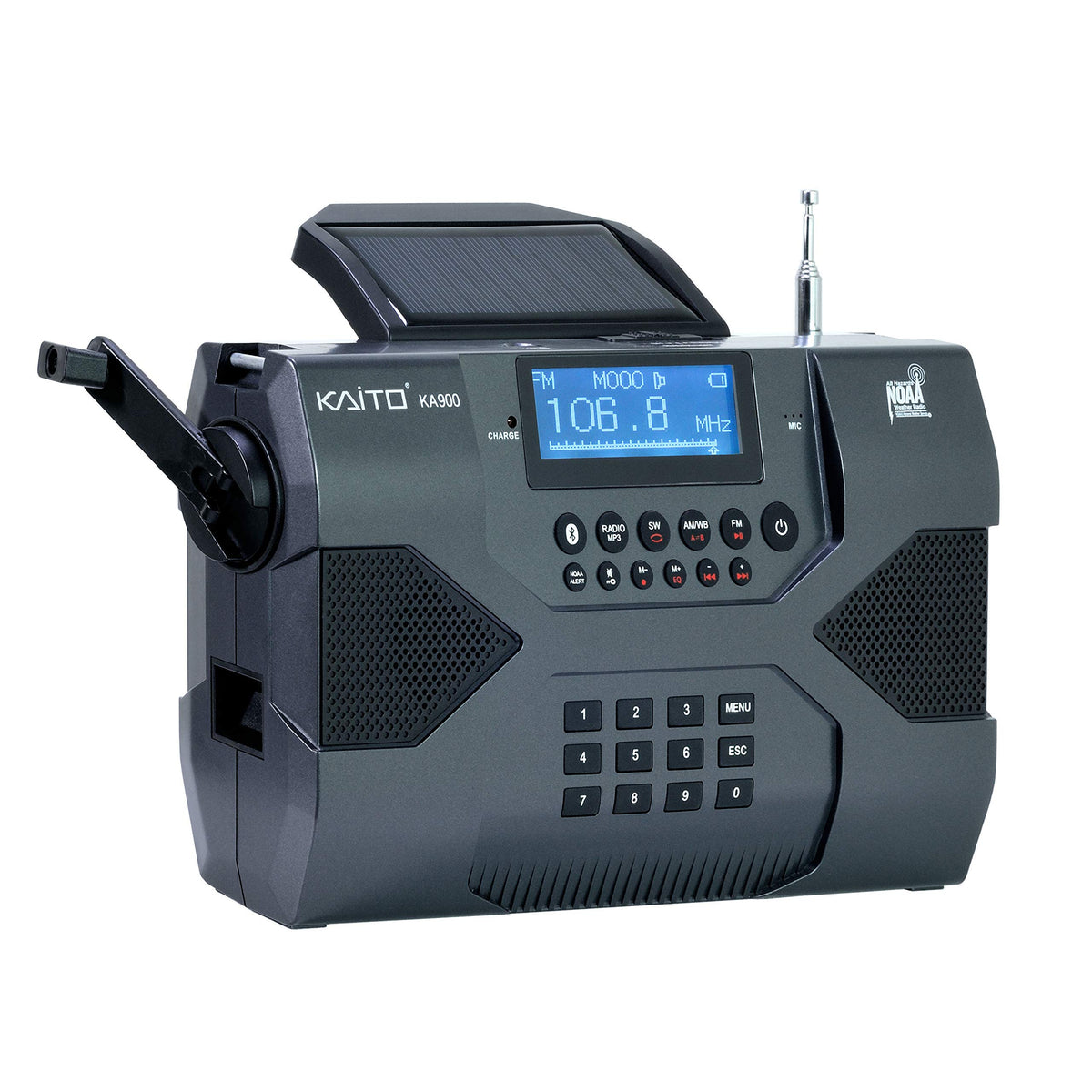 Kaito KA900 Voyager Max front view with LCD display for quick weather and station access.